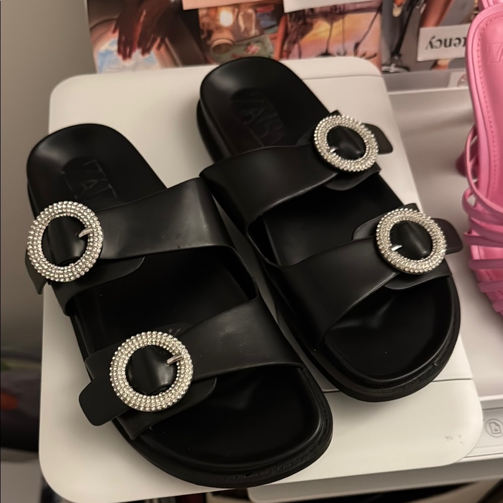 Zara Black Slide Sandals with Rhinestone Buckles
